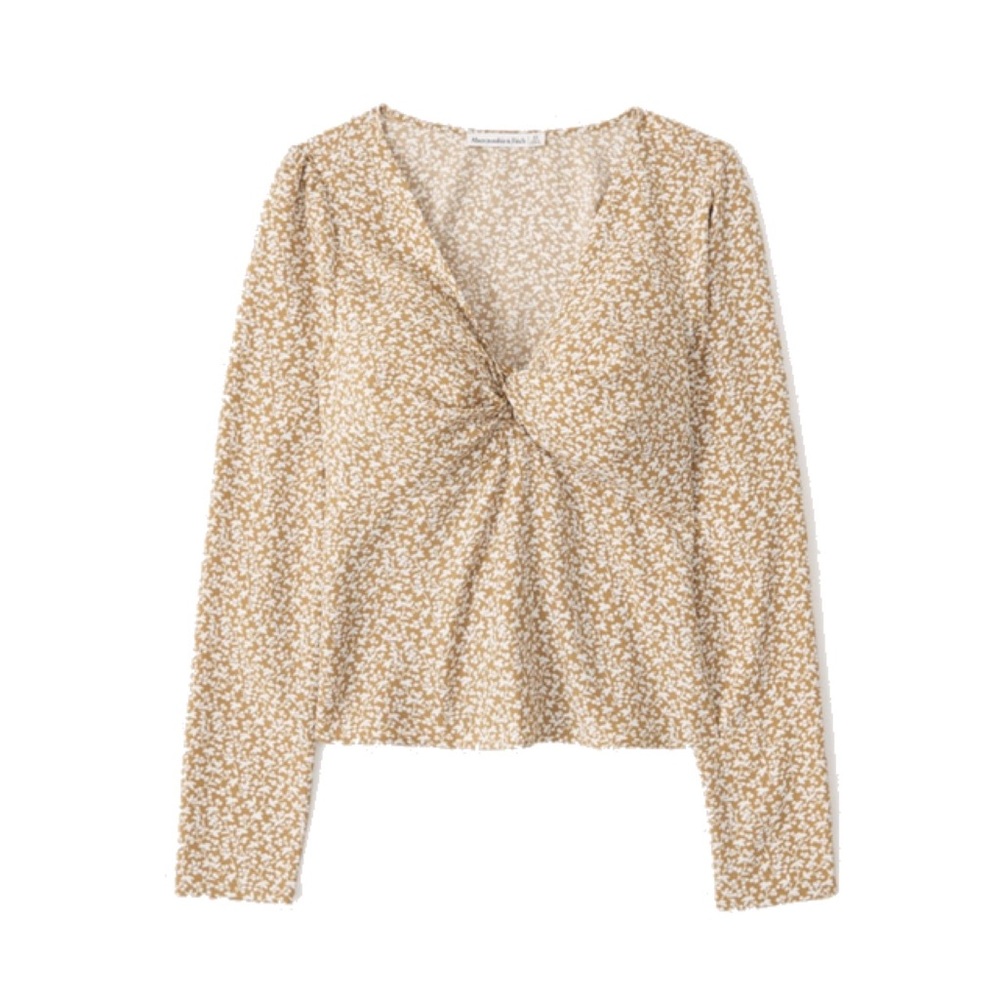 Abercrombie & Fitch Beige Floral Twist-Front Long Sleeve Blouse